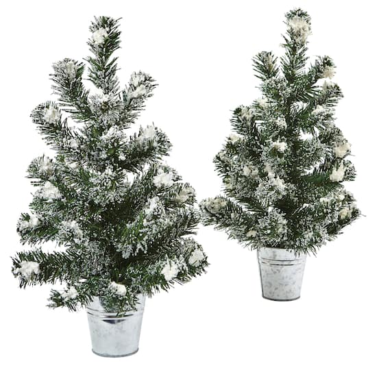 18&#x22; Snowy Mini Pine Trees with Tin Planters, 2ct.